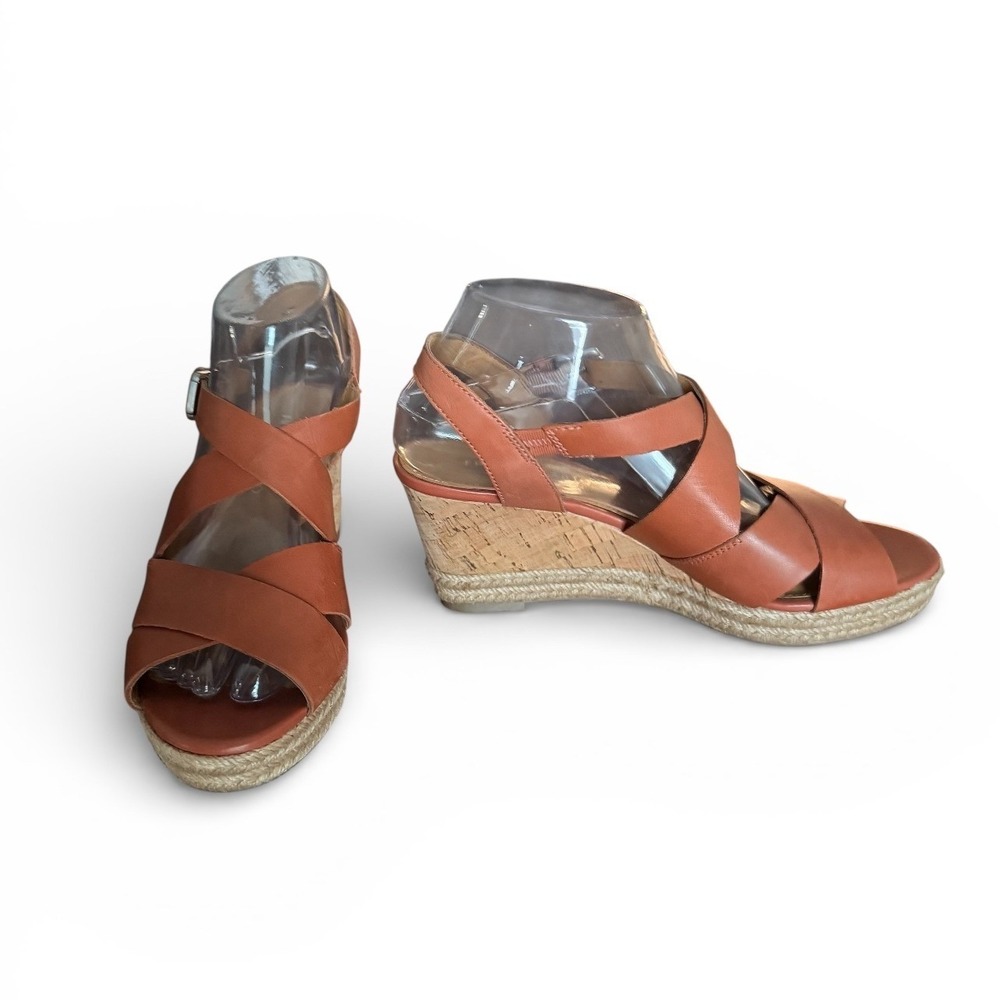 Franco Sarto Mauvy Cognac Leather Cork Espadrille Wedge Sandals Strappy Size 8